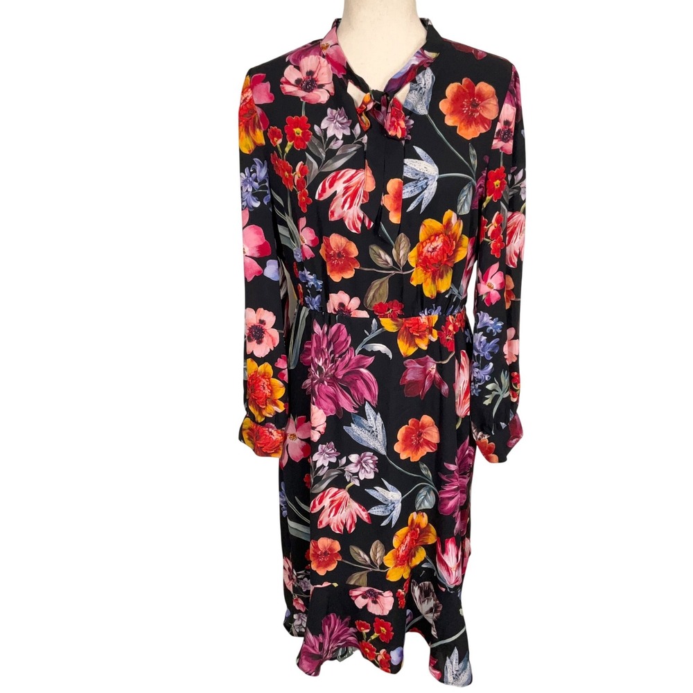 J.Crew Shirt Dress Womens 10 Black Multi‎ Dutch Floral Midi Vivid Romantic